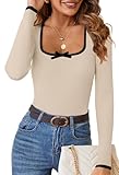 HAEOF Women's 2025 Fall Long Sleeve Ribbed Knit Shirts Square Neck Cute Sweaters Dressy Casual Tops Blouses(Apricot, L)