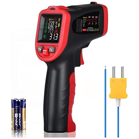 Wintact Infrared Surface Thermometer -58℉ to 1202℉, Dew Point/Mould Detector, Laser Temperature Humidity Gun, Hygrometer, Pyrometer with Thermocouple for Home, HVAC Black Cover