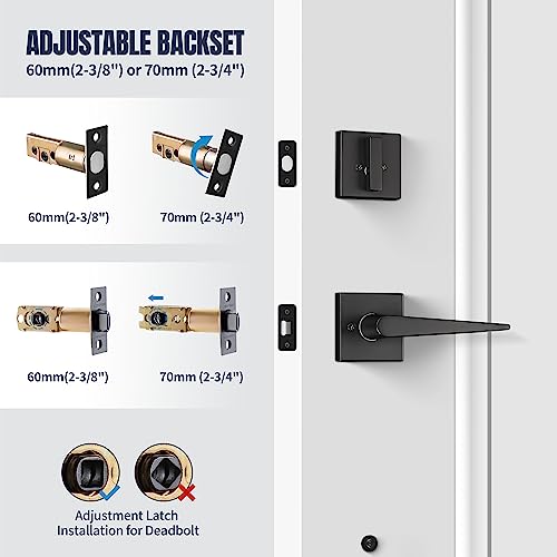 Loqron Full Escutcheon Handleset Front Door Handle Set Heavy Duty Square Door Lever And Single Cylinder Deadbolt Combo Reversible For Right And Left Handed– Matte Black Finish #TOP6