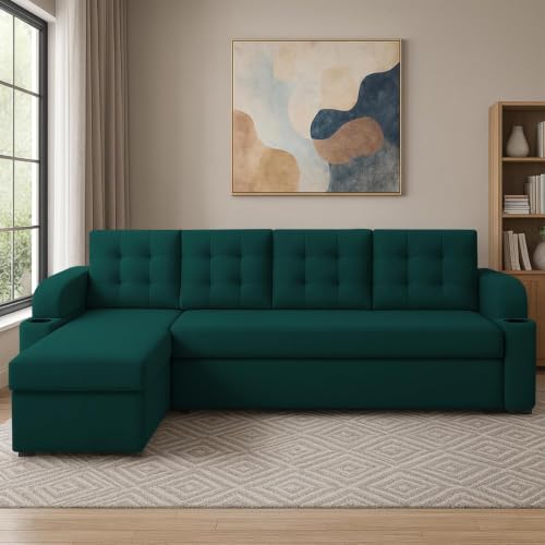Image of Casaliving Grance LHS 6 Seater Corner Sofa Cum Bed for Living Room (Pine Fabric) Premium Fabric Sofa Set
