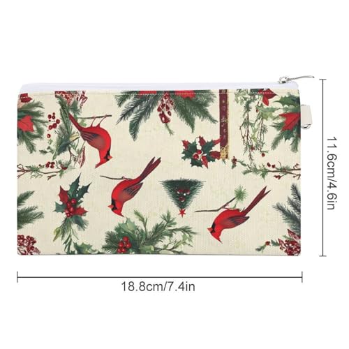 Cardinal Birds Christmas Holly Fashion Coin Purse Change Makeup Bag Canvas Pencil Pouch Travel2