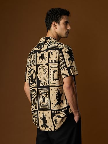 Image of The Souled Store Harry Potter: Magic Men and Boys Short Sleeves Collared Neck Button Front Beige and Black All Over Printed Regular Fit Viscose Holiday Shirts