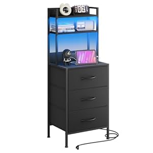 Fixwal 41 Inch Tall Nightstand with Charging Station, Led Night Stand with U-S-B Port & Socket, 3 PU Finished Fabric Storage Drawers, Office, Bedside Table & Bookshelf in One, Black
