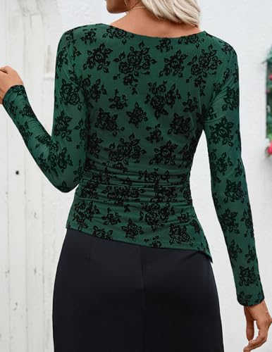 Image of ZESICA Womens Floral Long Sleeve Shirts 2026 Spring Boat Neck Mesh Ruched Tops Fitted Asymmetrical Going Out Blouses