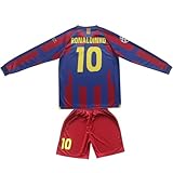 Pitch and Trek Vintage Barcelona #10 Ronaldinho 2005 Home Long Retro Football Soccer Youth Jersey Shorts Youth Sizes(Ronaldinho,22)