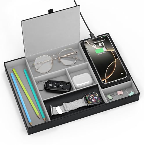 Valet Tray, Nightstand Organizer with Wireless Charger Pad for iPhone 15/14/13/12/11 Series, Valet Charging Station, Faux Leather Valet Tray for Men and Women