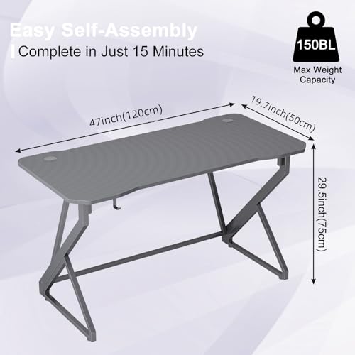 Image of Grandder Gaming Desk Z Shaped 47 Inch Gamer Workstation, Home Computer Carbon Fiber Surface Gaming Desk PC Table with Headphone Hook, Carbon Fiber Grey