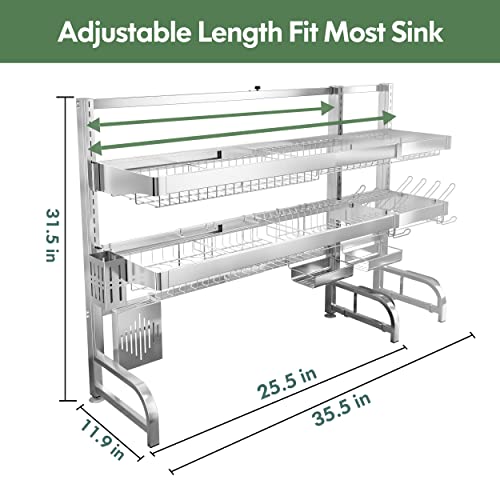 BOOSINY Over Sink Dish Drainer Drying Rack,Adjustable (25.5"-35.5") 3 Tier Large Dish Racks for Kitchen Storage Counter Organizer,Full 304 Stainless Steel Shelf with Utensil Holder and 10 Hooks 5 BOOSINY Over Sink Dish Drainer Drying Rack,Adjustable (25.5"-35.5") 3 Tier Large Dish Racks for Kitchen Storage Counter Organizer,Full 304 Stainless Steel Shelf with Utensil Holder and 10 Hooks - Image 3