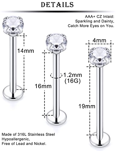 Kridzisw 16G Cheek Dimple Tongue Piercing jewelry 316L Stainless Steel Long Lip Labret Rings Barbells Body Piercings Jewelry Cubic Zirconia 4mm Inlaid 14mm-19mm Bar Length 3PCS4