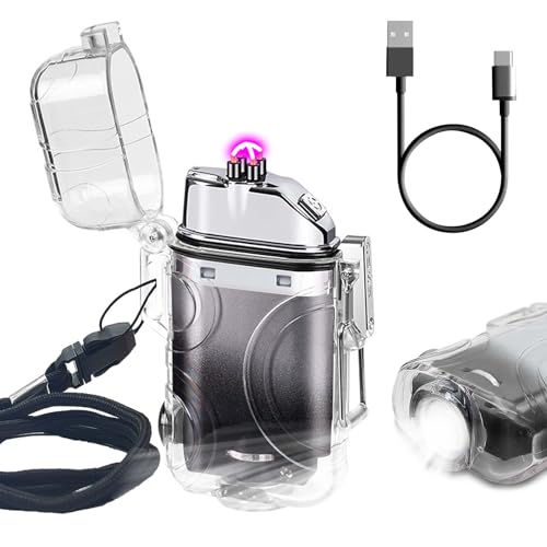 SKRFIRE Electric Lighter Transparent Waterproof Lighter Dual Arc Lighter with LED Flashlight,Windproof Lighter Rechargeable USB Lighter Flameless Plasma Lighter for Camping Hiking(ClearSilverBlack)