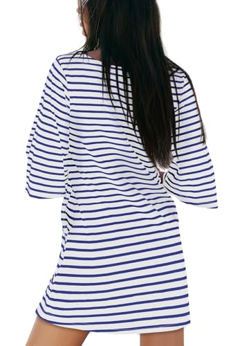 Image of Yousify Women's T Shirt Dress Cotton Summer Dresses 2026 Casual Loose Short Sleeve Striped Mini Dress with Pockets