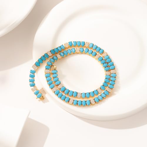 Turquoise Tennis Necklace for Women – Gold Tone Brass Chain with Sparkling CZ Accents, Summer Statement Jewelry, Retro Chic Gift for Her3
