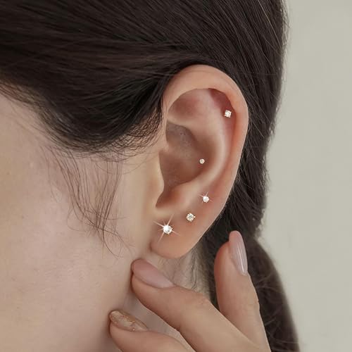 Small Gold Stud Earrings Set for Women Men, Hypoallergenic Cubic Zirconia Mini Stud Earrings for Women, 14K Gold Plated Tiny Cartilage Earrings Set for Multiple Piercing 5 Earrings Pack2