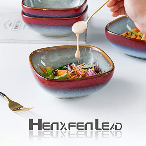 Henxfen Lead Ceramic Cereal Bowls, Square Serving Bowls 22 Oz For Side Dish, Appetizers, Salad - Oatmeal, Soup, Fruit Bowls Microwave Oven Safe, Set Of 4 - Reactive Red #TOP6