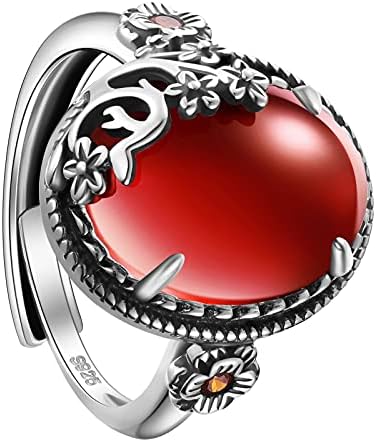 Ornaland Women's Vintage Plum Blossom Ornate Ring with Oval Garnet in 925 Sterling Silver with 3A Micro Pave Zircon Ring, Adjustable