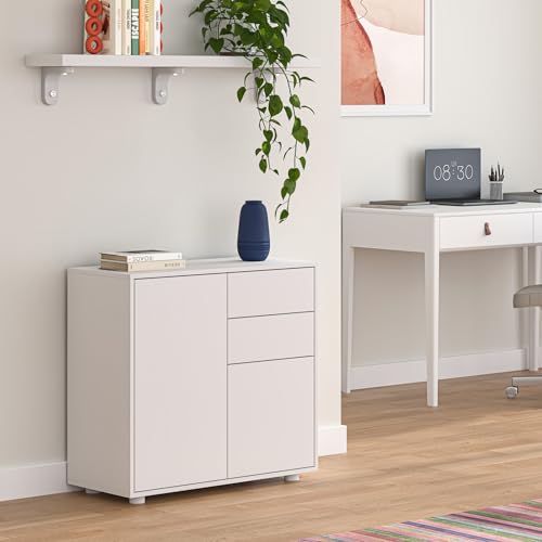 [en.casa] Sideboard Paarl Kommode mit 2 Türen und 2 Schubladen Mehrzweckschrank 74 x 79 x 36 cm Wohnzimmerschrank Buffetschrank Weiß, matt