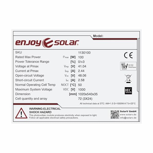 Miniatura 6 de Enjoy Solar Mono 36v Panel Solar Monocristalino, Ideal Para Autocaravanas, Casetas De Jardín Y Barcos Mono 100w 36v