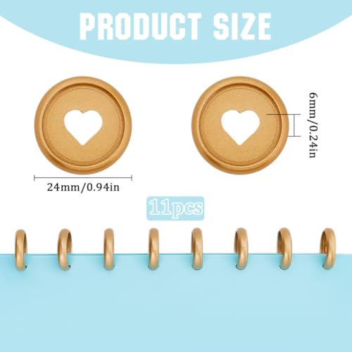SOFPLATE 11Pcs 24mm Plastic Loose Leaf Binder Discs Planner Discs Bulk Gold Hollow Heart Mushroom Hole Discbound Binding Expande Buckle Ring Disc for DIY Notebook Planner Scrapbooking Pages Artwork - Image 2