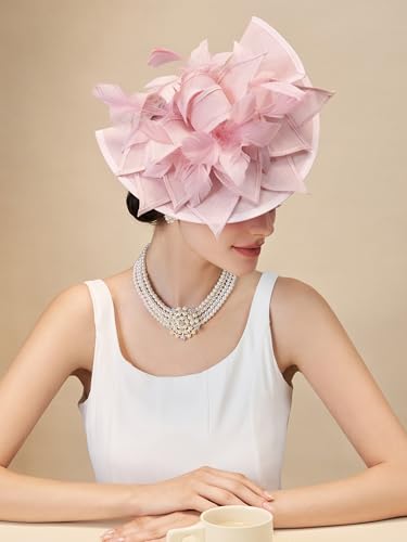 SWEETV Sinamay Kentucky Tea Hat Derby Hats Fascinators for Women, Tea Party Hats for Church, Cocktail, Wedding, Fancy Dress Party, Pink