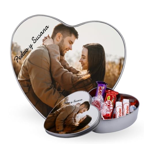 DEREGALOOS Caja de bombones de lata personalizada con foto. Lata en forma de corazón personalizada. Caja metálica personalizada con foto. Regalos de San Valentín.
