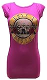 100% Viskose Amplified Damen Lady T-Shirt Pink Hot Rosa Official Guns N Roses Merchandise Drum Logo Special Edition VIP Bündchen Ärmel Rock Star Vintage Print XS 34