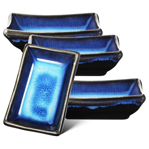 JEWEDECO Coupelles à Sauce Japonaises en Céramique Bleu 3,5 Pouces Lot de 4 pour Dips et Accompagnements Lors de Repas Asiatiques