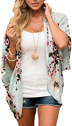 PRETTODAY Women's Summer Floral Print Kimonos Loose Half Sleeve Chiffon Cardigan Blouses Casual Cover Up (Small, A1-Mint)