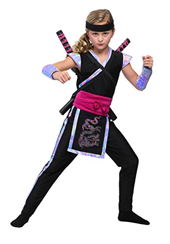 Fun Costumes Girls Rainbow Ninja Costume - Jumpsuit Dragon Drape Waist Sash & Iridescent Details Small Black