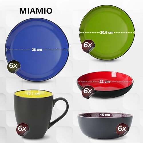 MIAMIO – Geschirrset 6 Personen/Steingut Geschirr Set 30-teilig, Tafelservice Steingut mit Tellern, Schüsseln, Tassen, und Suppentellern - Le Papillon Kollektion (Bunt,30 Teile Set)