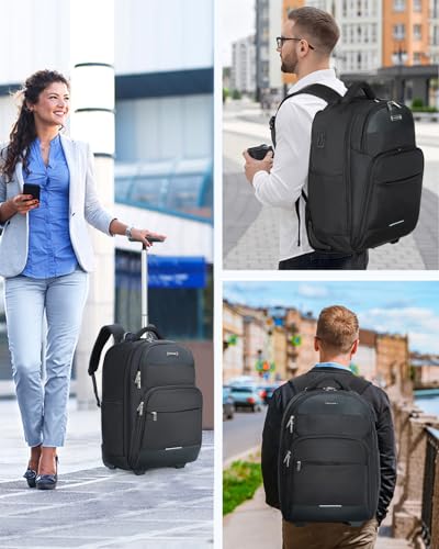 Rolling Backpack, 30L Travel Laptop Backpack with Wheels, 15.6 Inch Roller Carry on Luggage with USB Charging Port, Flight Approved Personal Item Wheeled Suitcase for Men Women Adults, Black - Image 3