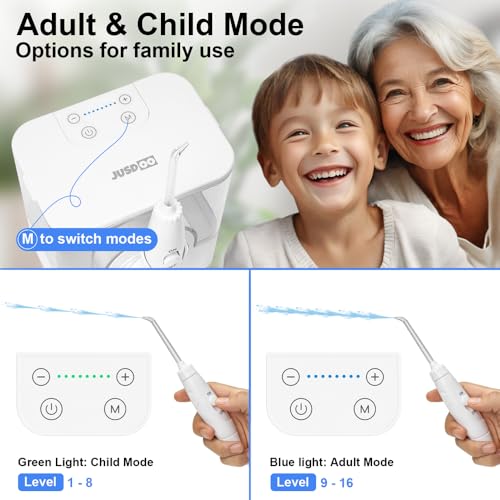 JUSDOO Professional Water Dental Flosser, Rechargeable and Cordless Teeth Cleaner, 950ML Large Oral Irrigator for Teeth, Gums and Braces, 16 Pressure Levels & Child Mode, with Nozzle Cleaning Case