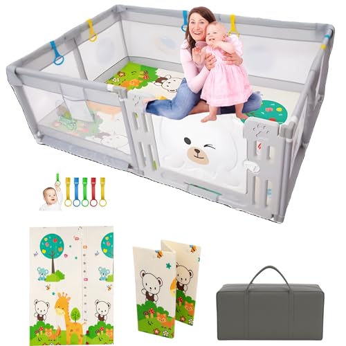 PARVULI Parque Infantil Bebe 120x180cm - Corralito Bebe con 6 agarraderas y Alfombra de Juegos Acolchada - Parque Bebes para Casa Plegable con Malla Transpirable y Vayas con Protecciones