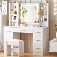 ANWBROAD Vanity Desk Table with Lighted Mirror 39.4\u201C Girls Makeup Vanity with Power Outlet 3 Colors Lighting Adjustable Brightness Vanity Table for Women Bedroom Dressing Room White UBDT65W