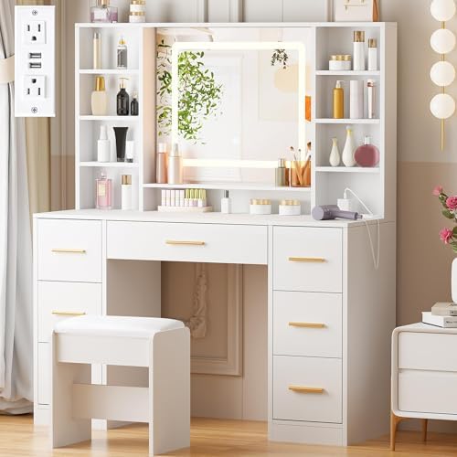 ANWBROAD Vanity Desk Table with Lighted Mirror 39.4“ Girls Makeup Vanity with Power Outlet 3 Colors Lighting Adjustable Brightness Vanity Table for Women Bedroom Dressing Room White UBDT65W