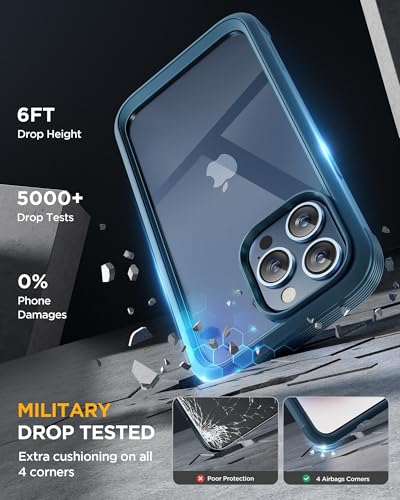 Image of Miracase Glass Series for iPhone 15 Pro Max Case 6.7 Inch, Full-Body Drop Proof Phone Case for iPhone 15 Pro Max with Built-in 9H Tempered Glass Screen Protector + Camera Protector, Storm Blue