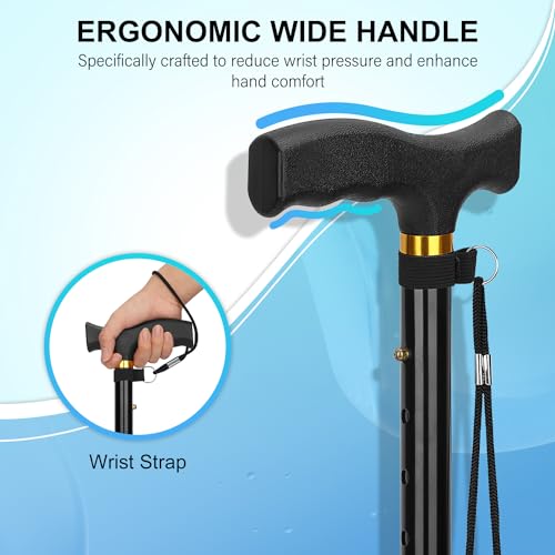 supregear Folding Cane, Lightweight 5-Level Adjustable Walking Stick with Wrist Strap and T-Handle, Portable Mobility Aid for Elderly and Disabled Men and Women, Black