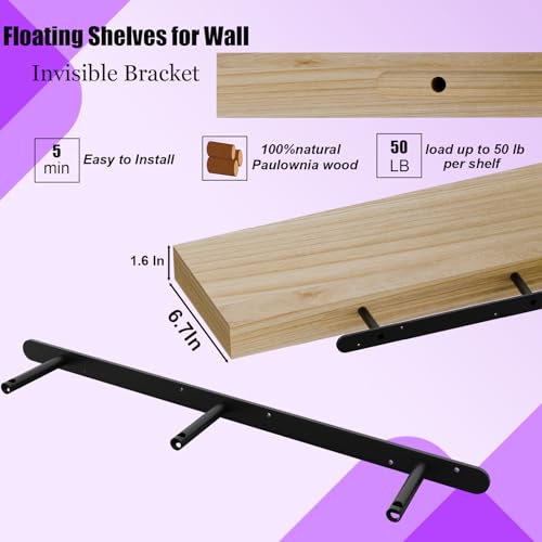 Image of IAE Floating Wall Shelves 55 inch,Bathroom Shelf Wall Mounted,Invisible Shelf Floating Kitchen Shelves,Wooden wall Shelving with Brackets for Living Room wall Mounted,Easy Install,Set of 2,Natural