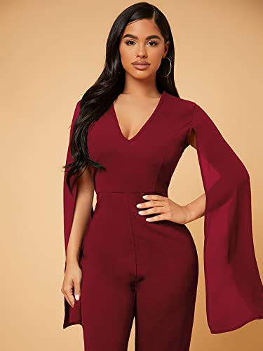 Wdirara Women's Deep V Neck Split Long Sleeve High Waist Jumpsuit Elegant Formal Wide Leg Long Pants Dressy Romper Burgundy S #TOP4
