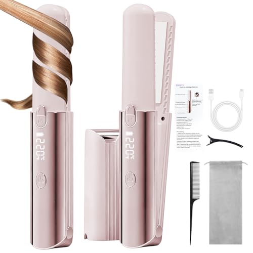 CHIKYO Cordless 2 in 1 Hair Straightener Portable On-The-Go Curling Iron, Portable Power Bank, 7 Temps, LED Display, Rechargeable Mini Flat Iron for Travel, 5000mAh Battery, Pink