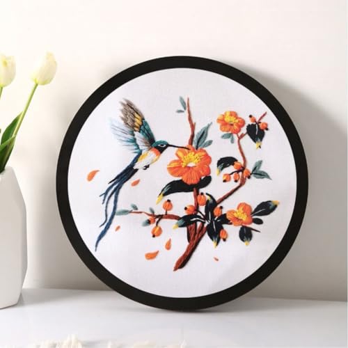 Image of Esffaci Embroidery Starter Kit for Adult Beginner with Hummingbird Flowers Pattern Hand Embroidery Set with Embroidery Cloth Hoop Needle Threader Embroidery Floss and Instruction