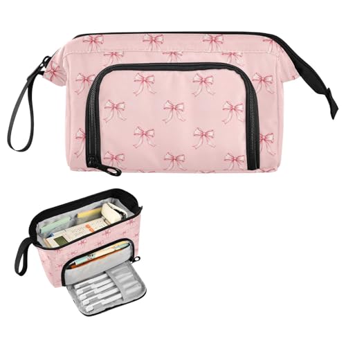 Image of Ribbon Bow Pink Pencil Case Pouch Big Capacity Pencil Bag Box Organizer Pen Case with Compartmens Stationery Organizer for Girls School College