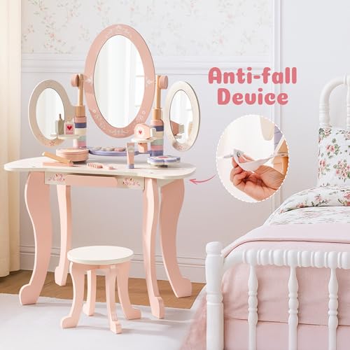 ROBOTIME Kids Vanity Set with Mirror and Stool – Wooden Pink Makeup Table with 11 PCS Accessories – Play Beauty Dresser with Mirrors, Drawer– Kids Vanity Table and Chair Set for Girls Ages 3+ by ROBOTIME - Image 9