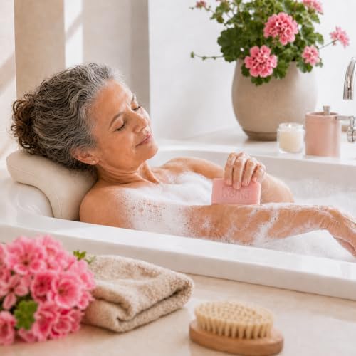 Image of Keika Rose Geranium Soap Bar with French Pink Clay for Face & Body, Natural Balancing Spa Bath & Shower Cleanser, 5 oz.