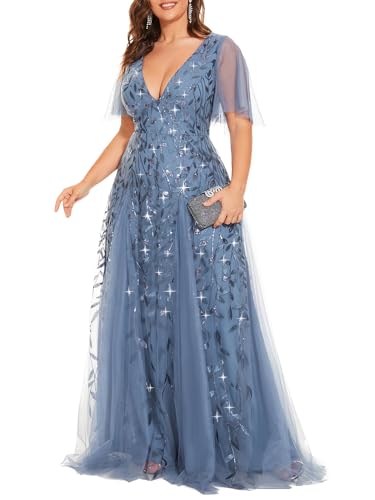 Ever-Pretty Women's Plus Size Sequin Embroidered Formal Evening Gown V-Neck Sheer Short Sleeve A-Line Mother of Biride Dress Haze Blue US24