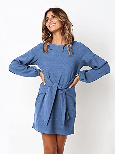 Prettygarden Women’s Elegant Long Lantern Sleeve Short Dress Crewneck Tie Waist Knit Cocktail Dress Light Blue #TOP1