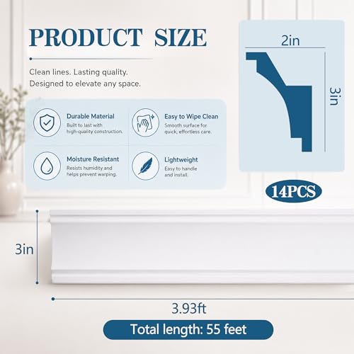 Image of moonoom 14 Pack 55 Ft Ceiling Crown Molding Trim, High Impact Ceiling Decorative Moulding, Room Top Light Strip Crown Molding for Ambient Home Bedroom Living Room Lighting (Style A)