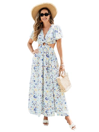 Image of Women Casual Summer Dresses Floral Print Cut-Out Maxi Dress Elegant Polyester Summer Dress for Women Travel Vacation