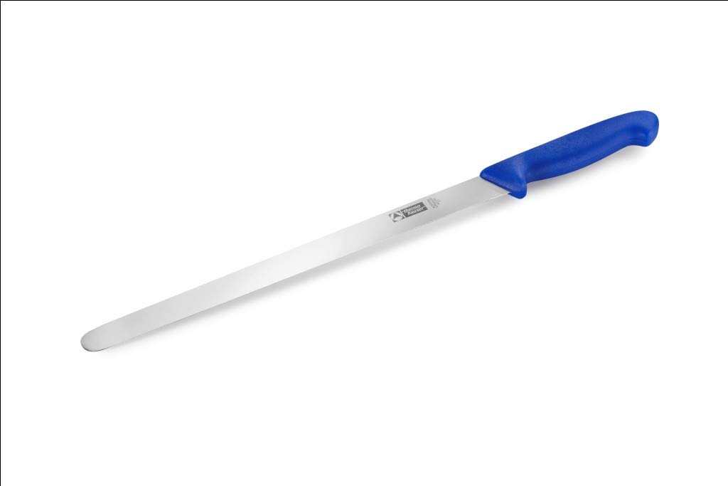 Pastry knife (stainless steel), ground on one side, blue plastic handle, blade 31 cm