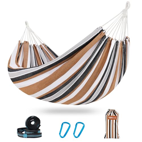 Lazy Daze Hammocks Double Brazilian Cotton Hammock, Extra Large Portable Outdoor Camping Hammock with Tree Straps & Travel Bag for Backyard Patio Poolside Indoor, 550lbs Capacity, Brown & Wh