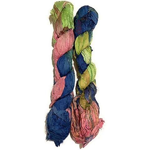 Sari Silk Ribbon Yarn for Knitting, Crochet, Jewelry Making, Gift Wrapping 100 Grams (Pink Blue Green) Cover